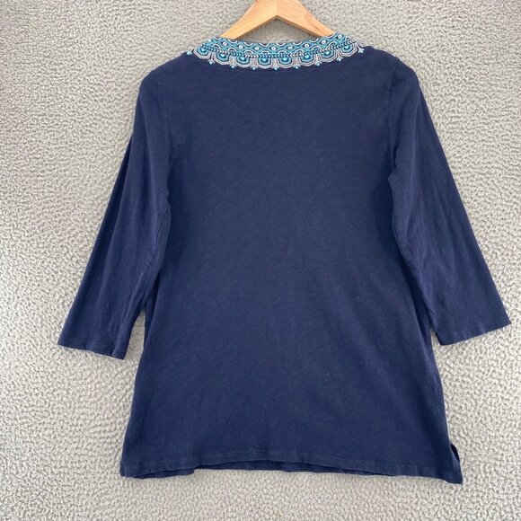 Talbots Top Womens Medium Navy Cotton Embroidered 3/4 Sleeve Slub Knit Pullover - Picture 3 of 9